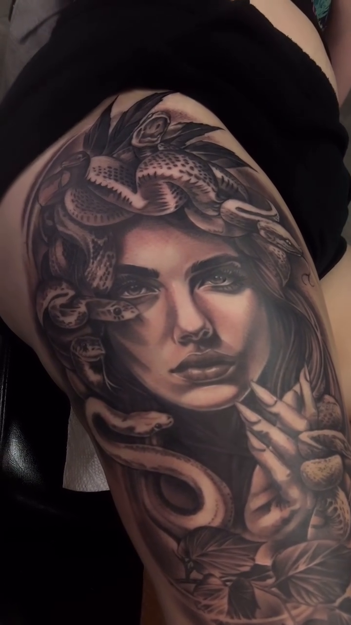 Medusa portrait realism tattoo by @young_sely