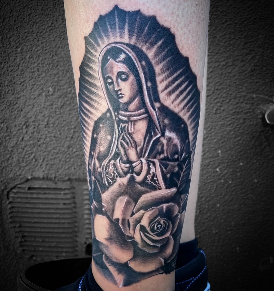 Our Lady of Guadalupe realism tattoo on the forearm by El Pato, San Jose, California