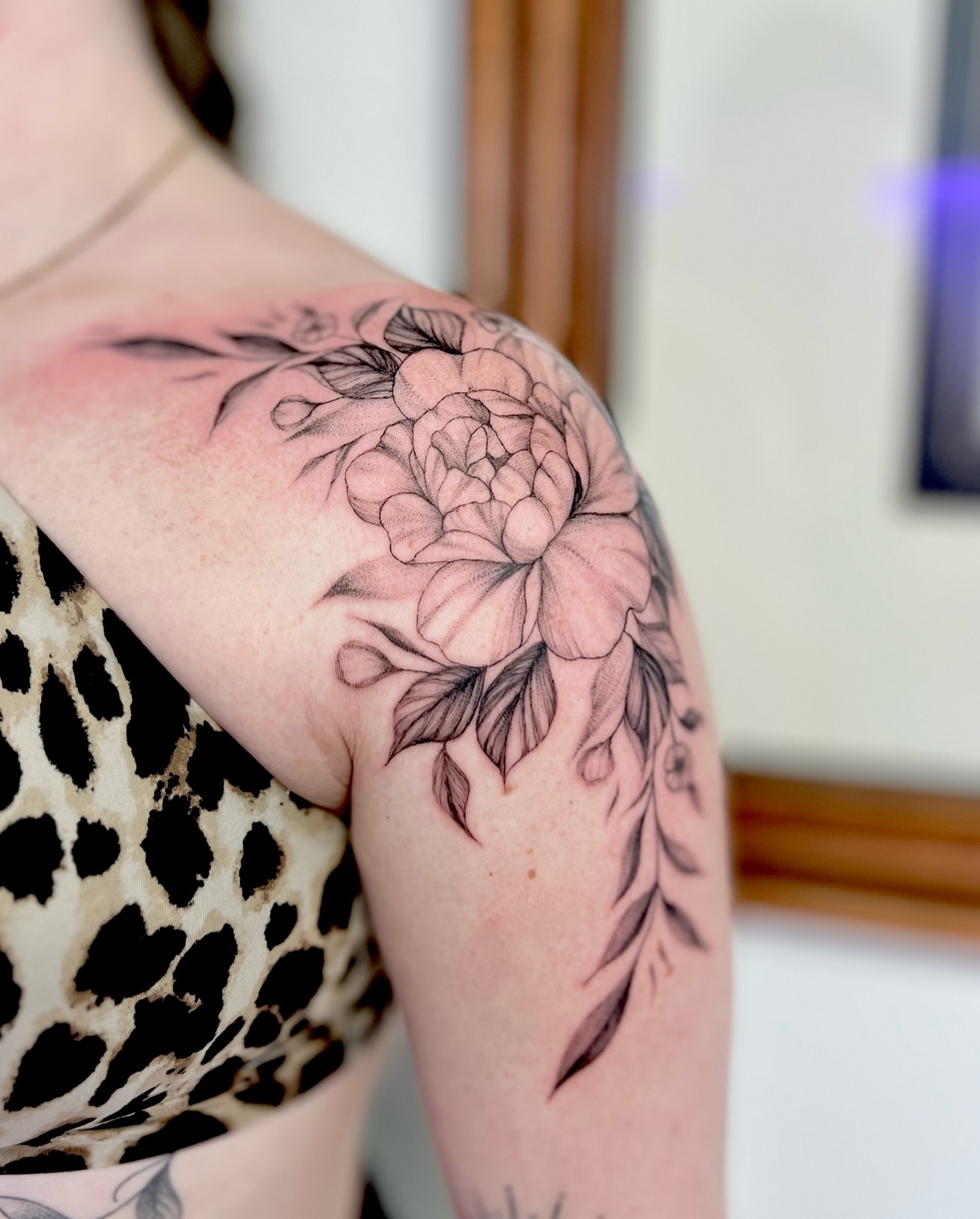 Peony black and grey tattoo on the shoulder by πππ¦