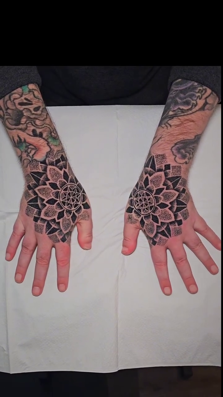 Mandala on hands geometric tattoo by Kevin Ligabue