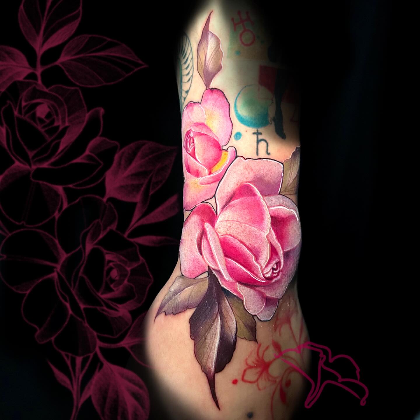 Roses watercolor tattoo on the forearm by Aline Petunia, Los Angeles, California