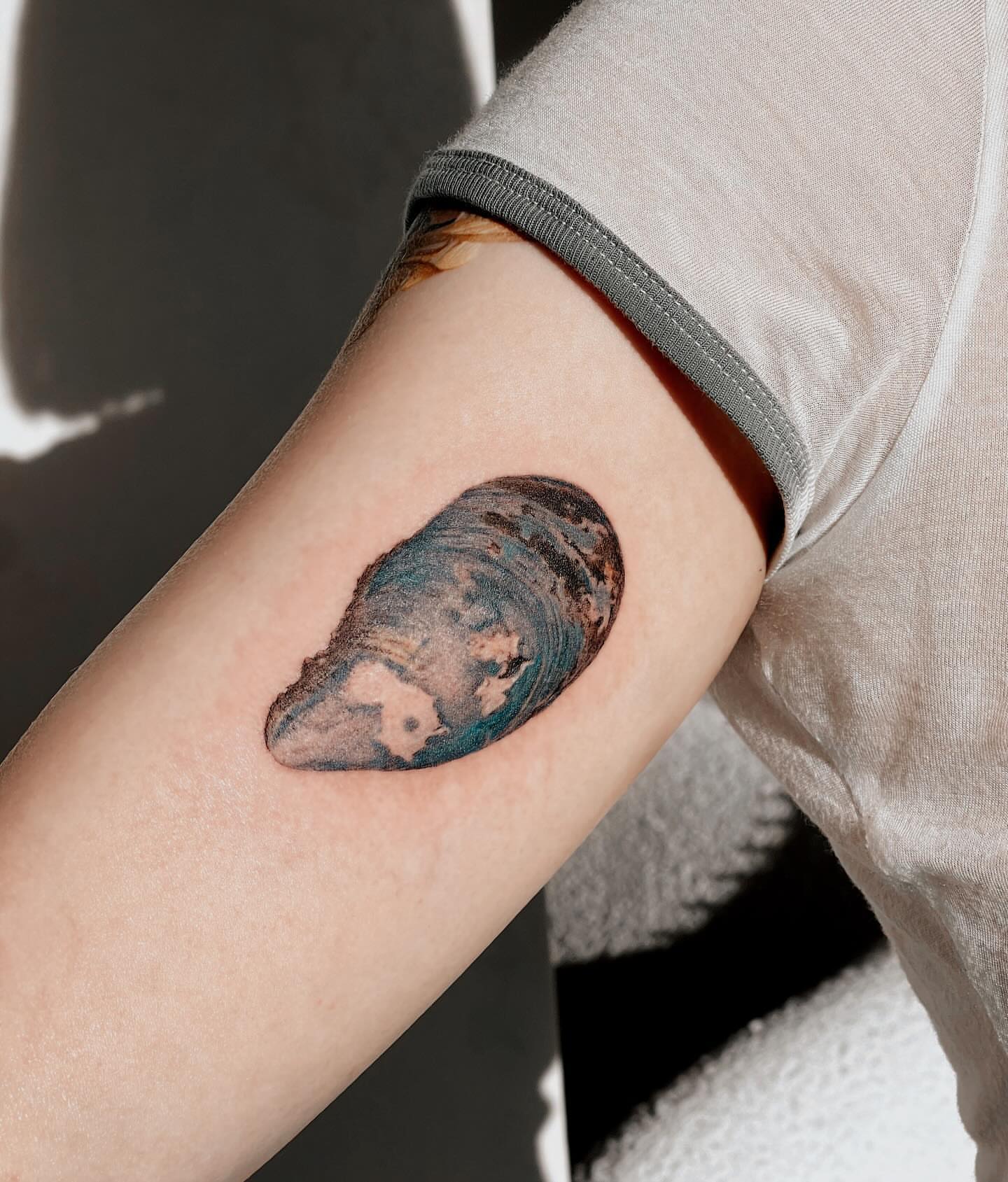 Shell realism tattoo on the forearm by Tattoo artist LA ། Fine line, Micro realism
