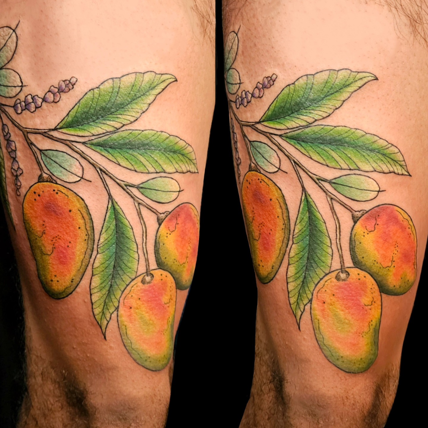 Mangoes realism tattoo on the thigh by Ginny McCormick, Richmond, Virginia