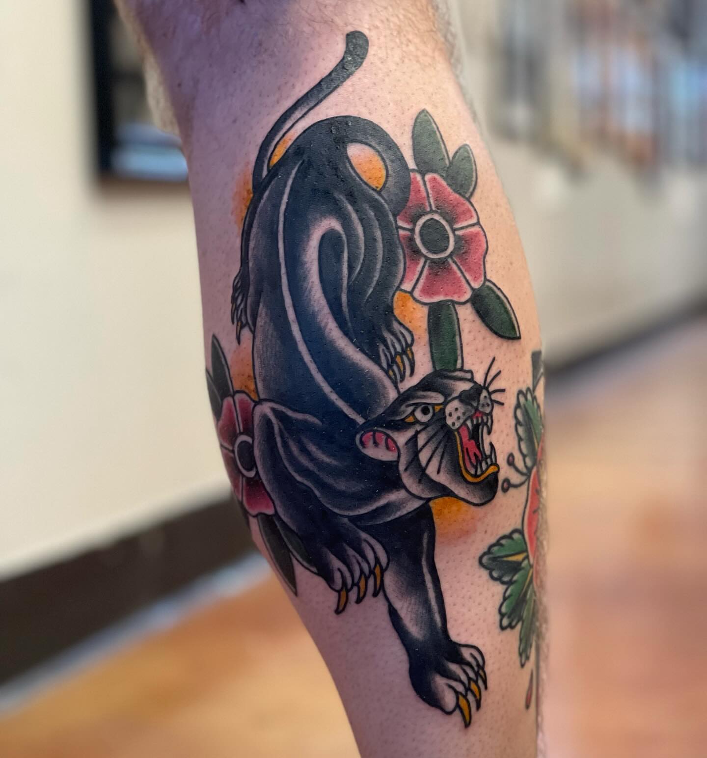 Panther and flowers American traditional tattoo on the forearm by 💀good To the Grave💀