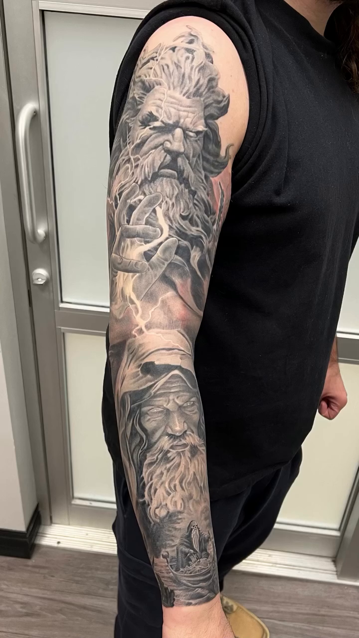 Norse mythology sleeve realism tattoo by Krys King Tattoos