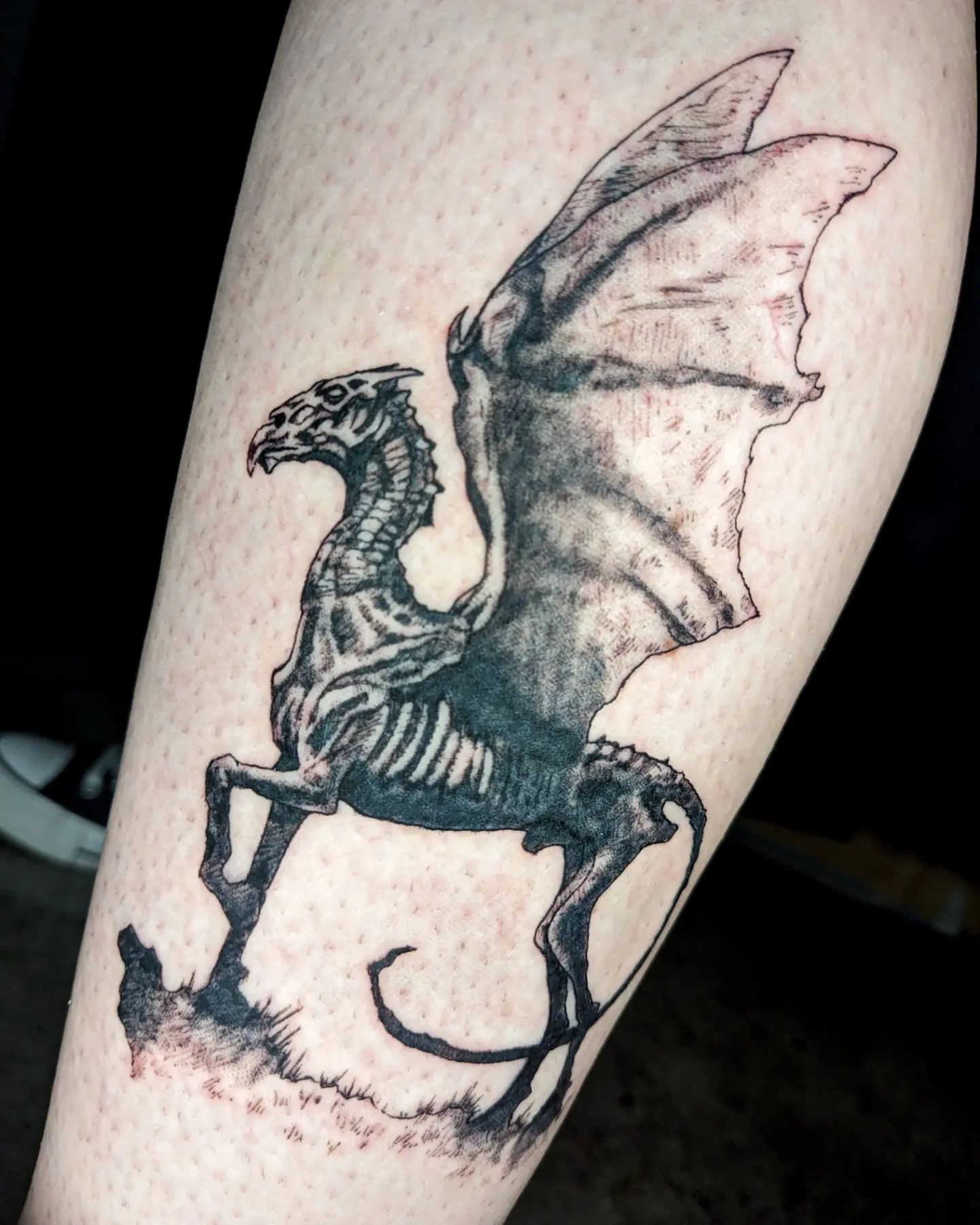 Horse-like creature black and grey tattoo on the forearm by Seth Chitwood