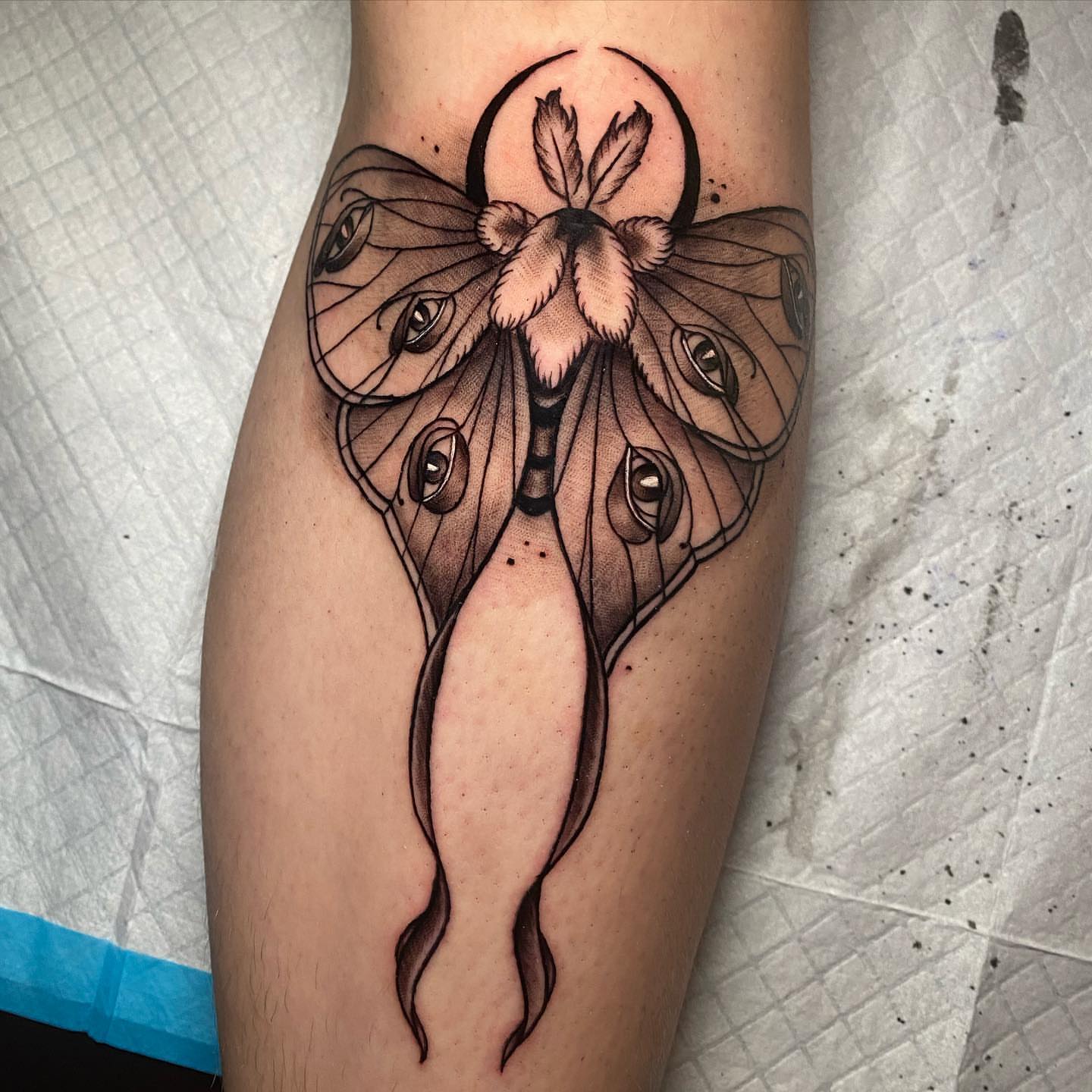 Moth black and grey tattoo on the thigh by Tattertot