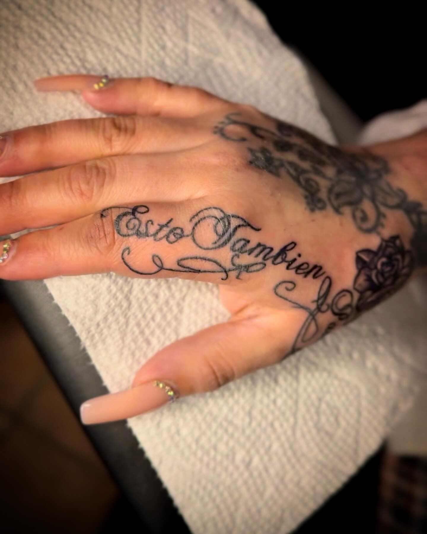 Script lettering lettering script tattoo on the hand by Tattoo Artist based in Dallas Tx