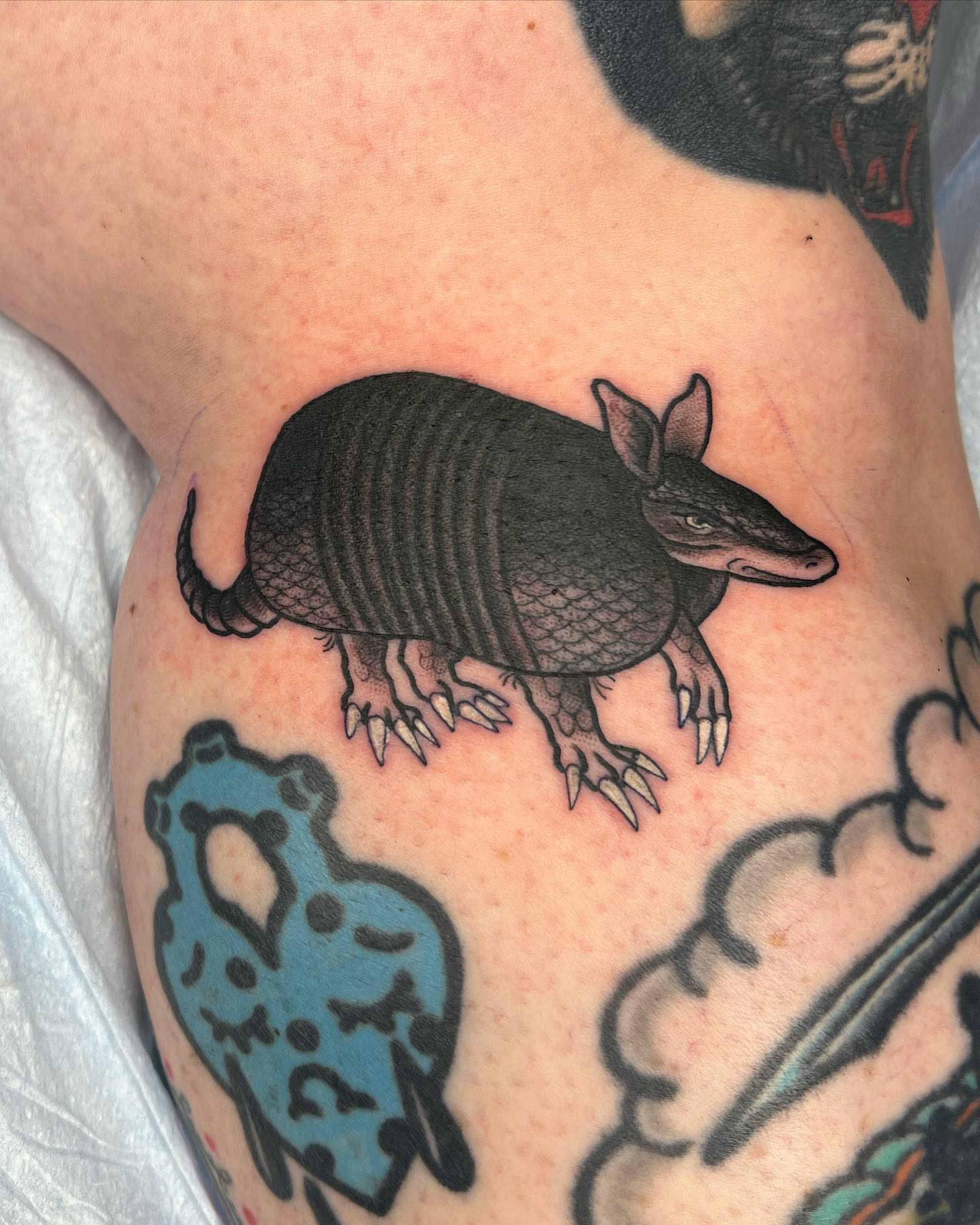 Armadillo American traditional tattoo on the thigh by Daniel Patrick
