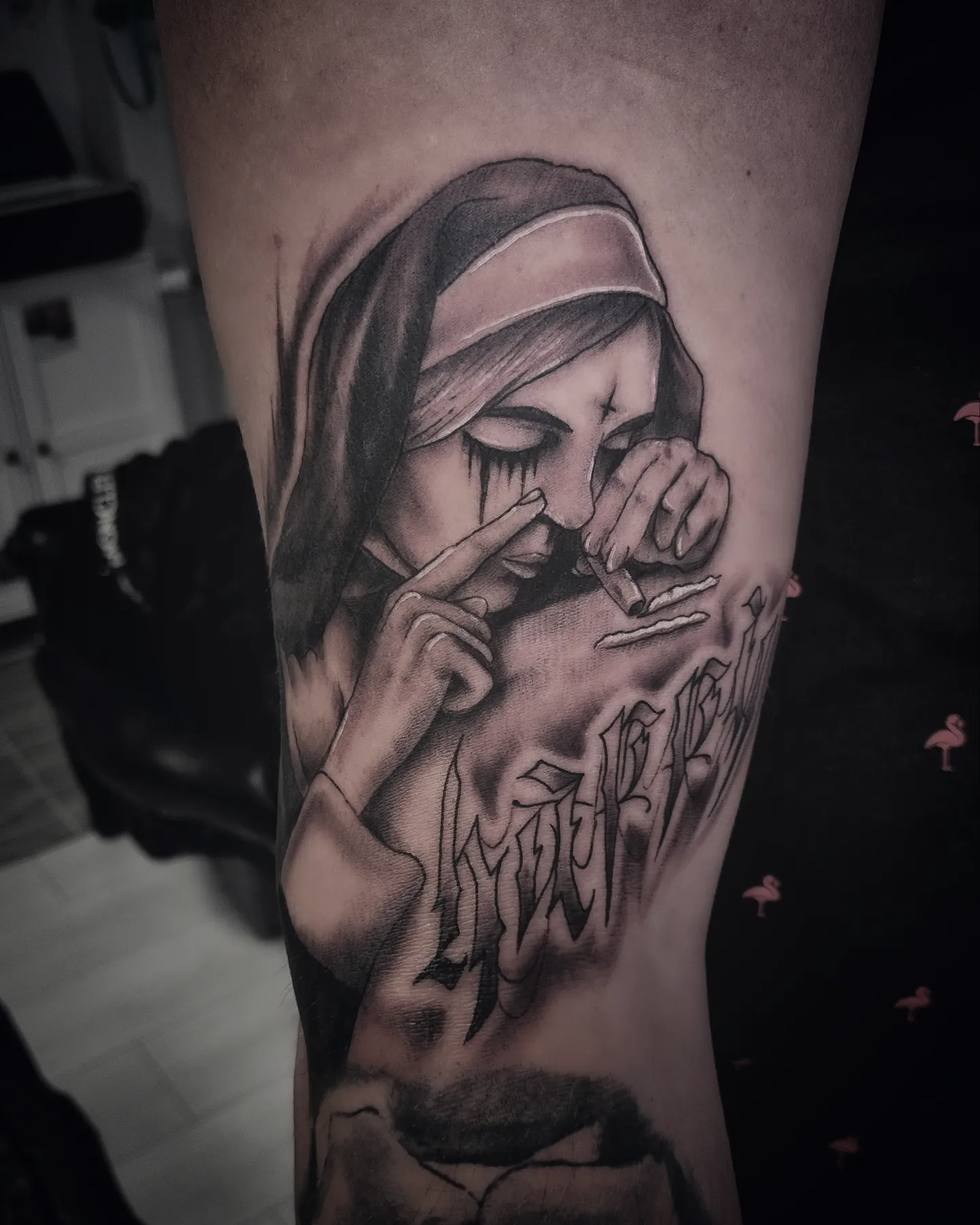 Woman smoking realism tattoo on the forearm by AntiheroTattoo
