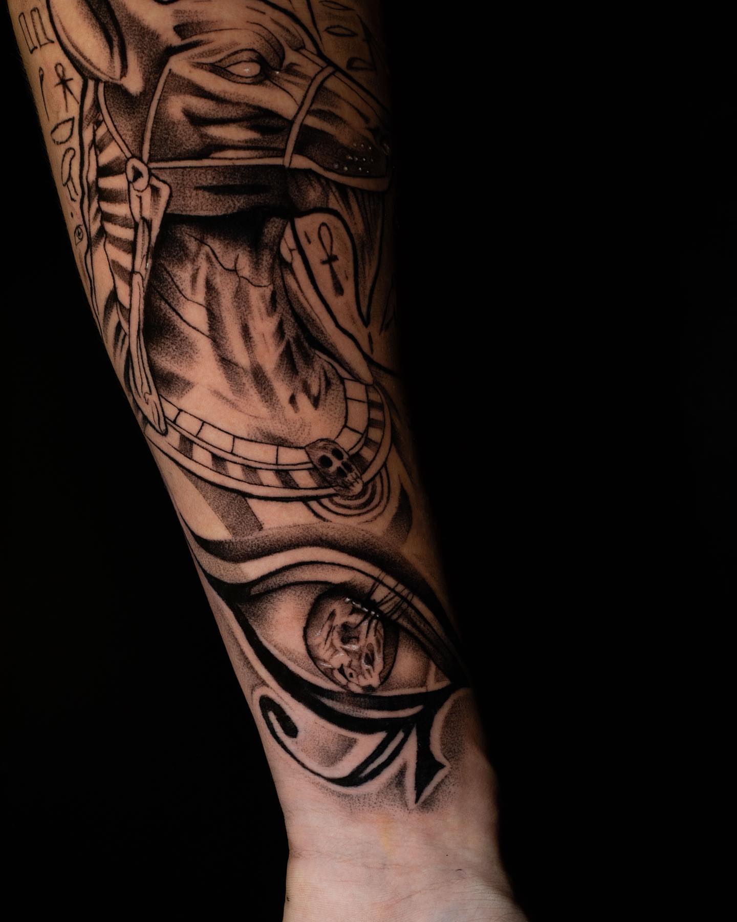 Ancient Egyptian motifs geometric tattoo on the forearm by Javier Ramos