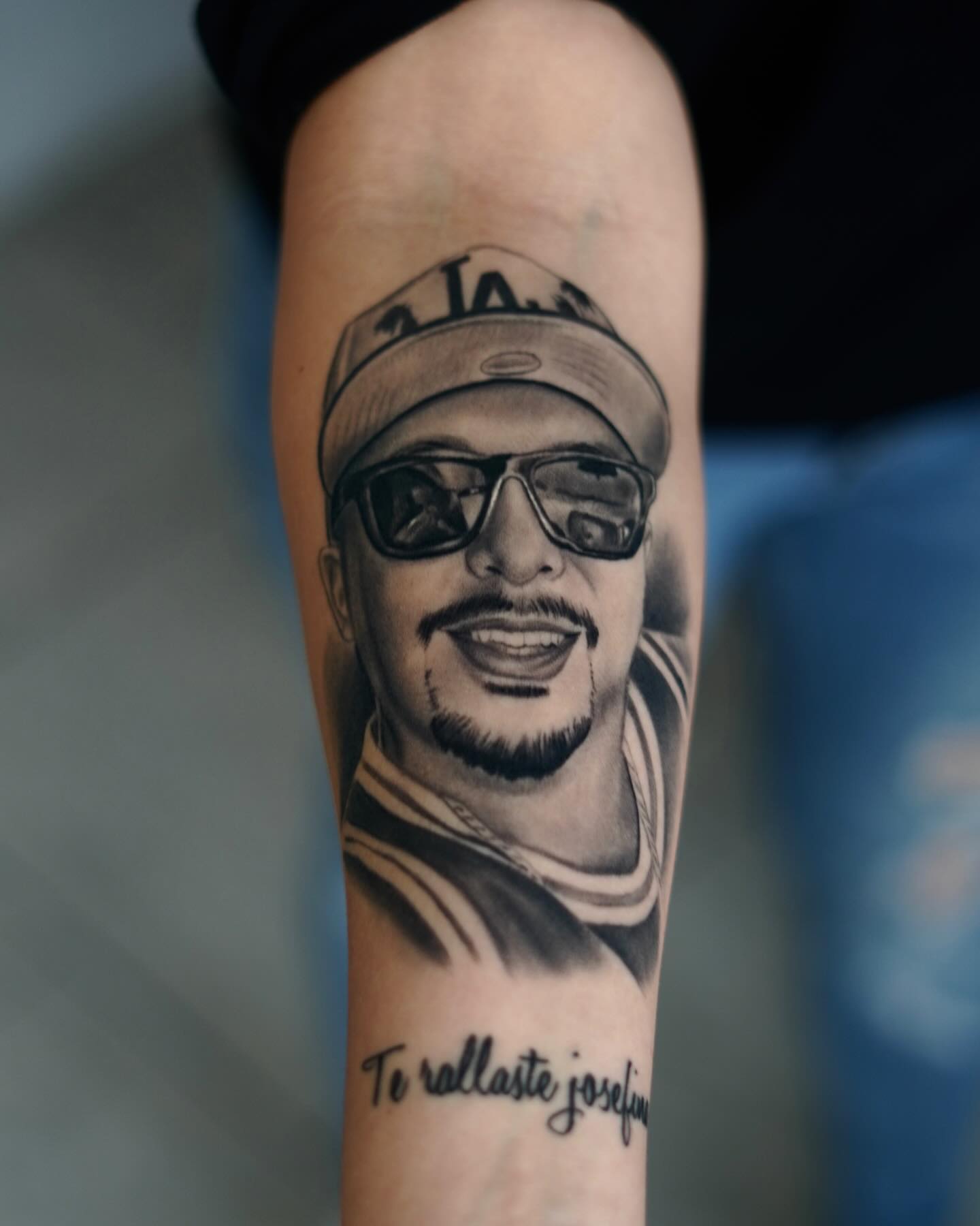 Portrait of a man realism tattoo on the forearm by Luis Peña