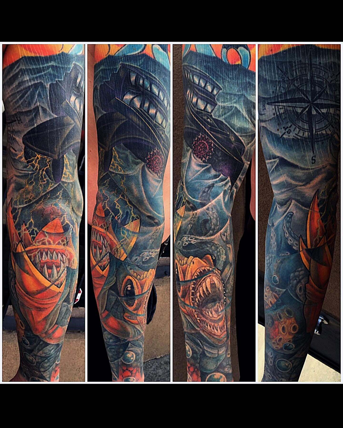 Shipwreck dark realism tattoo on the forearm by Patrick Delvar