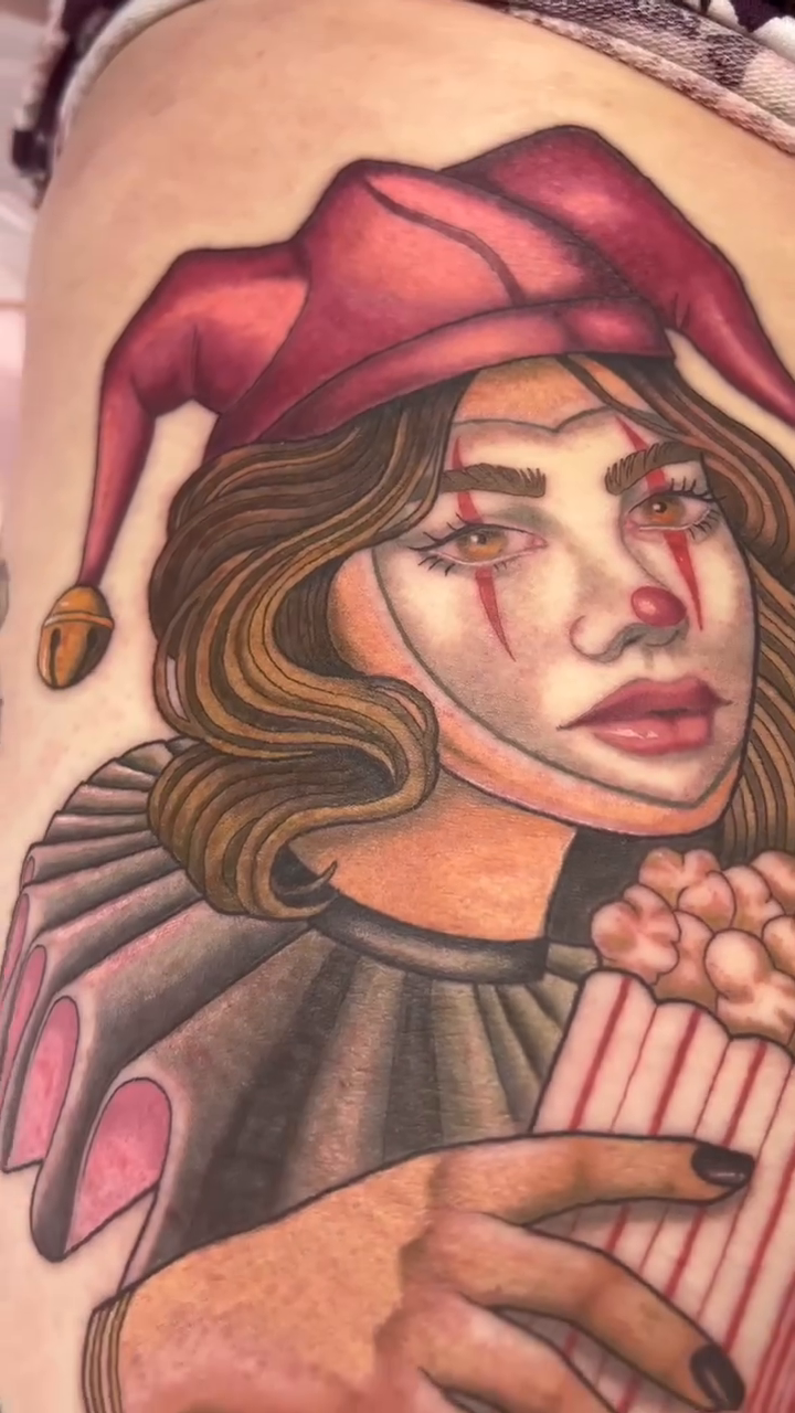 Jester girl with popcorn neo-traditional tattoo by ๐๐๐๐๐๐๐