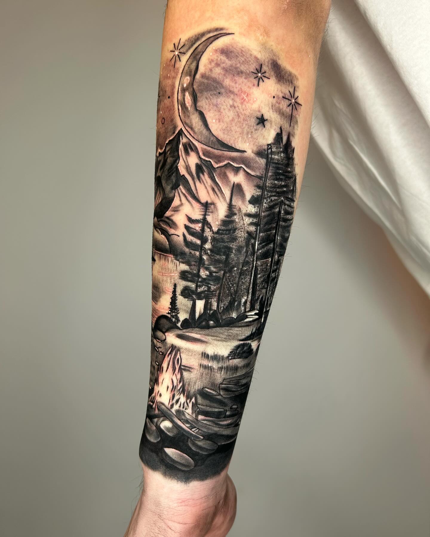 Moonlit landscape realism tattoo on the forearm by ▪️JhonnyElias TATTOO ▪️