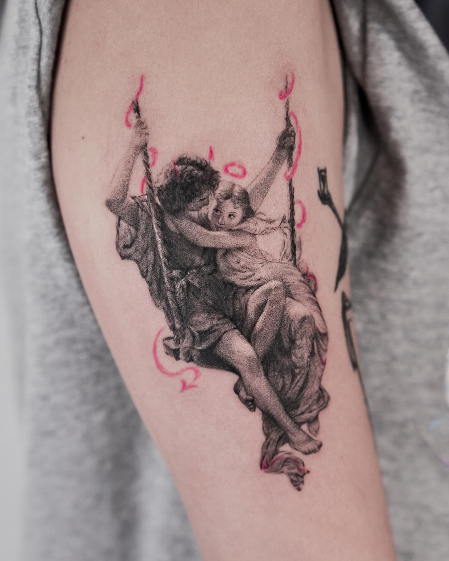 Couple on swing realism tattoo on the forearm by Tattoo artist LA ། Fine line, Micro realism