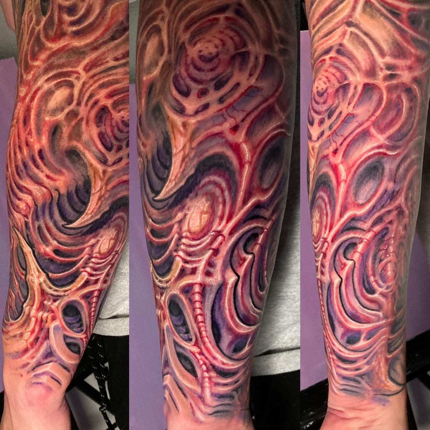 Biomechanical design surrealism tattoo on the forearm by Jason Wheelwright