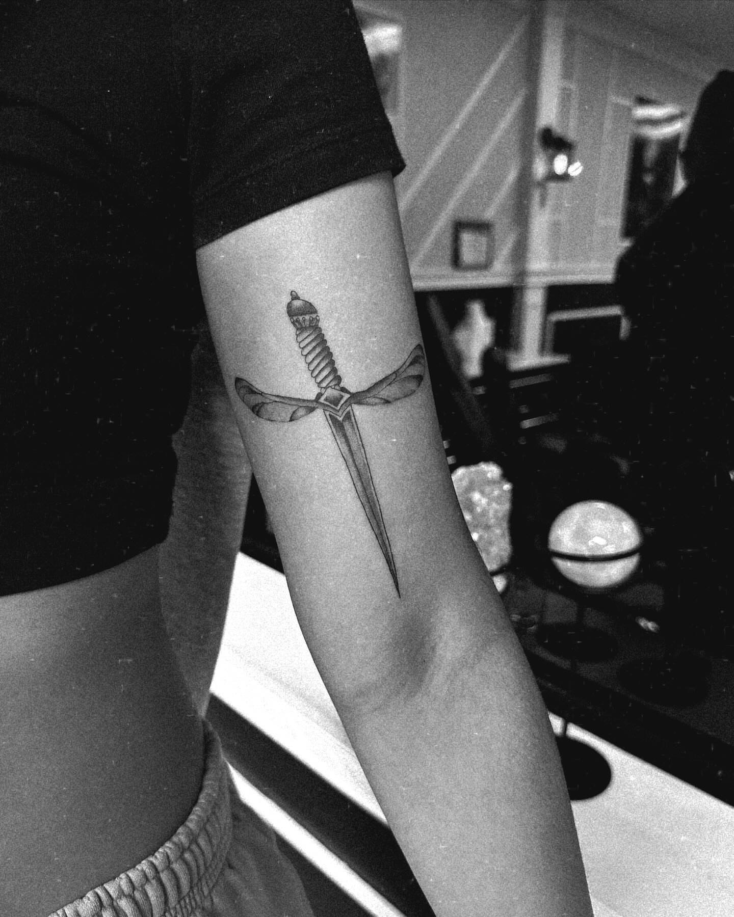 Sword black and grey tattoo on the forearm by chloe🗡️🖤🦇🩸
