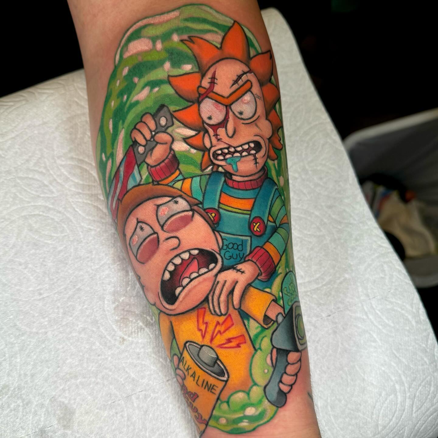 Rick and morty characters dotwork tattoo on the forearm by Jon Leighton