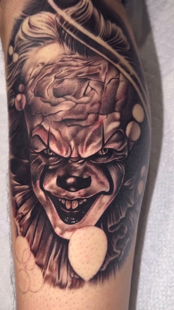 Pennywise the Clown realism tattoo by Atlanta Tattoo Artist, Atlanta, Georgia