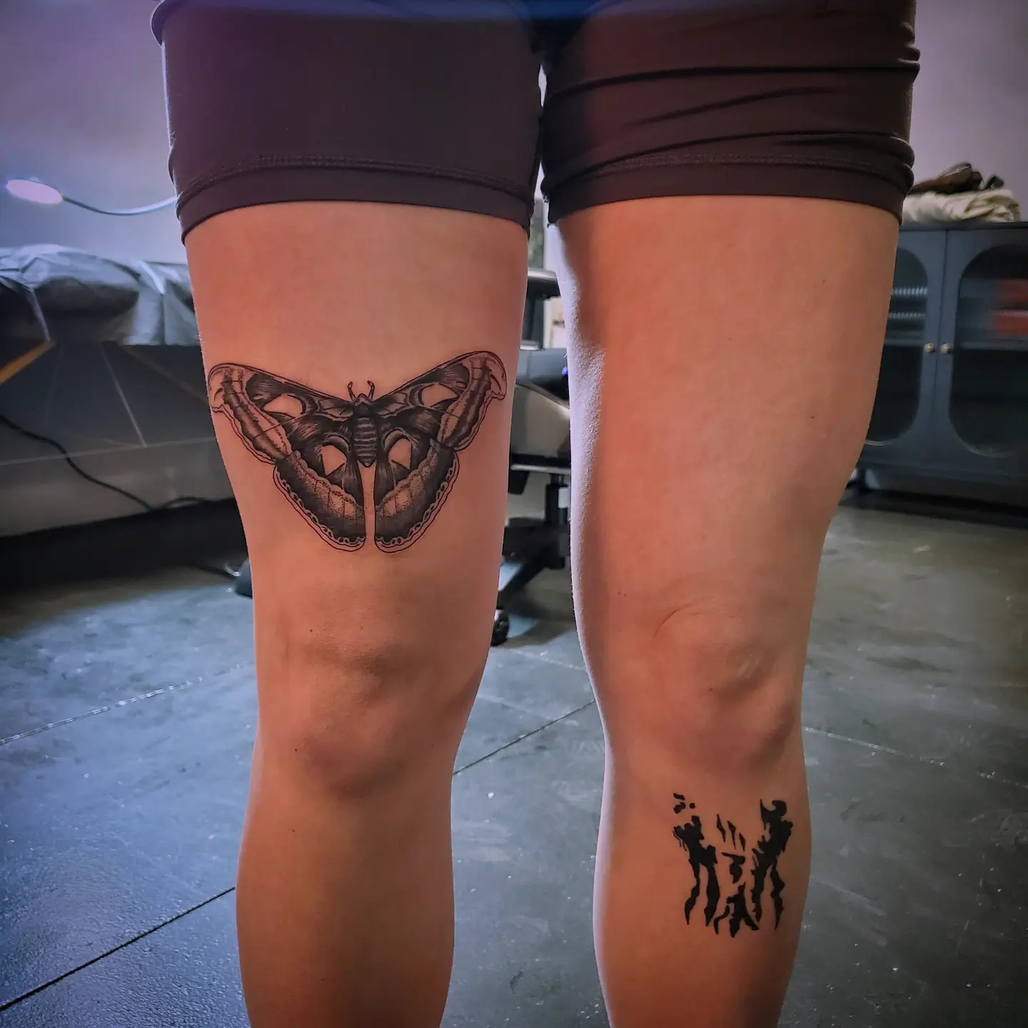 Butterfly black and grey tattoo on the leg by Shailey Pasquale