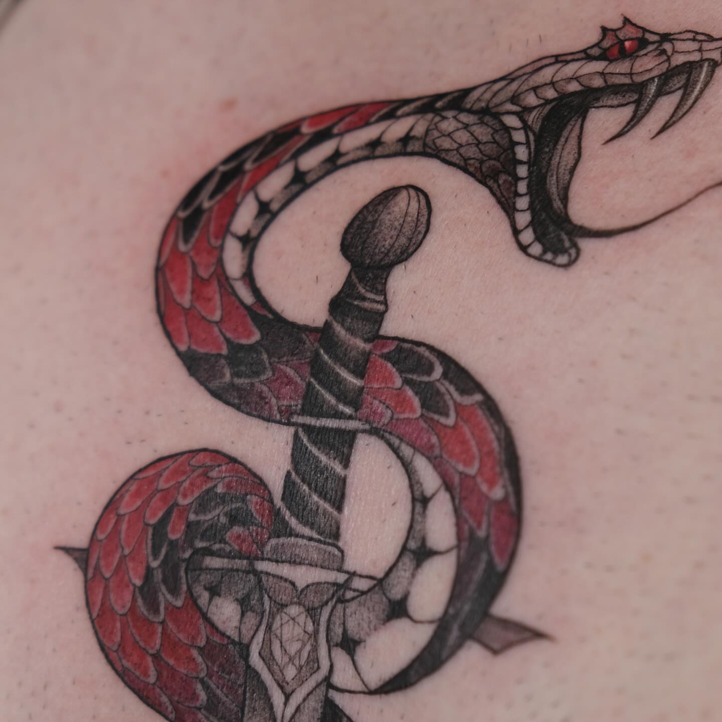 Snake American traditional tattoo on the shoulder by Ka hiu chiu