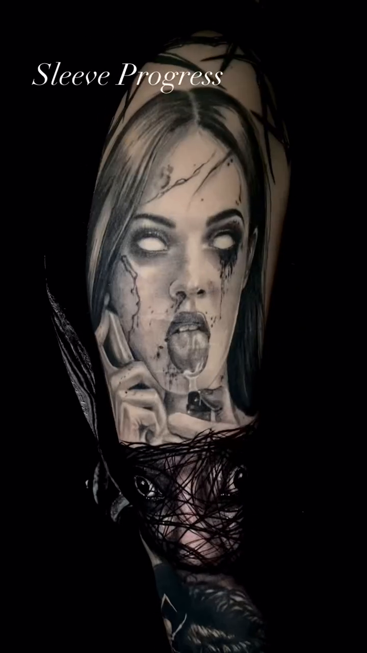 Woman with eerie expression dark realism tattoo by Caitlyn Campbell