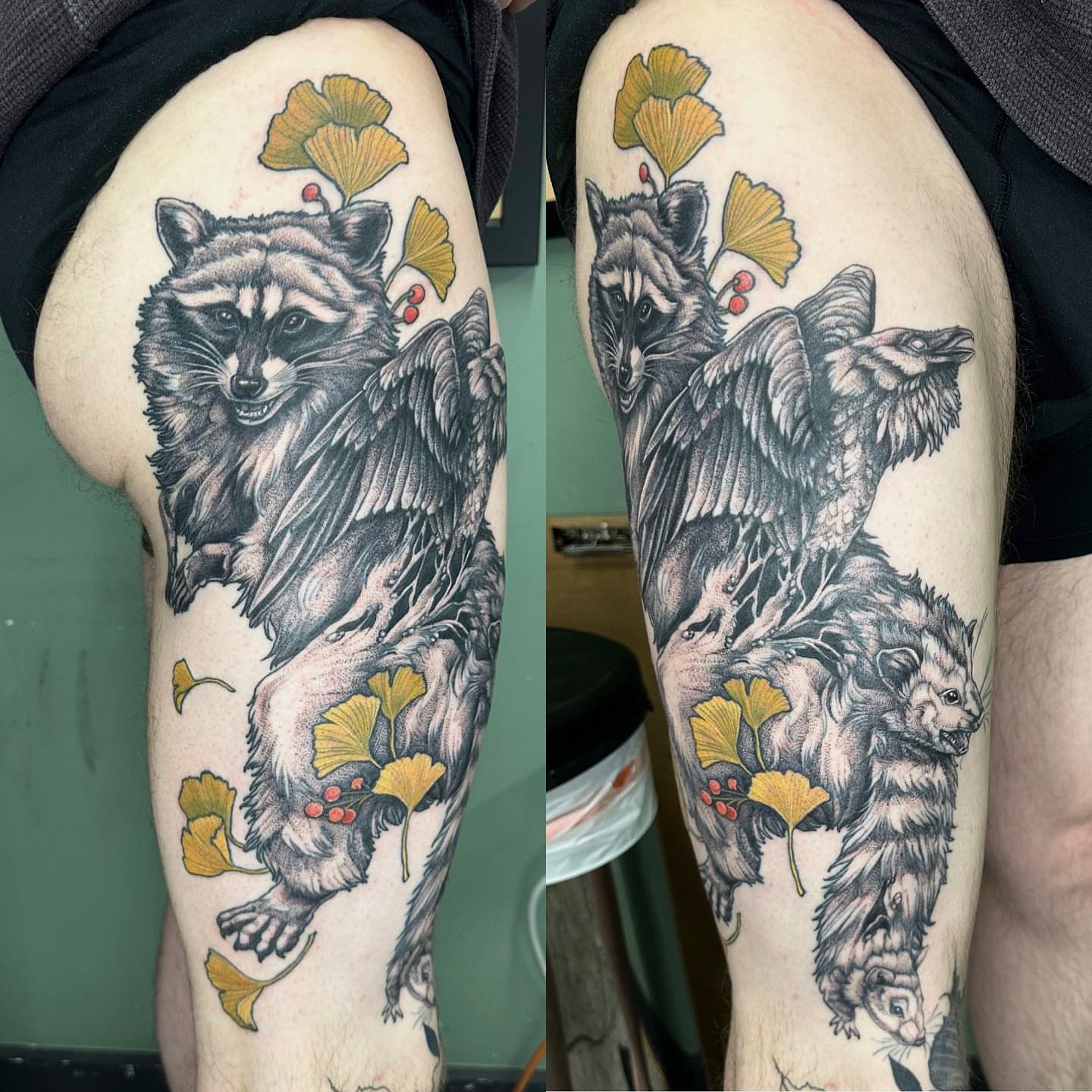 Raccoon and bird American traditional tattoo on the thigh by Cassidy Depew, Seattle, Washington