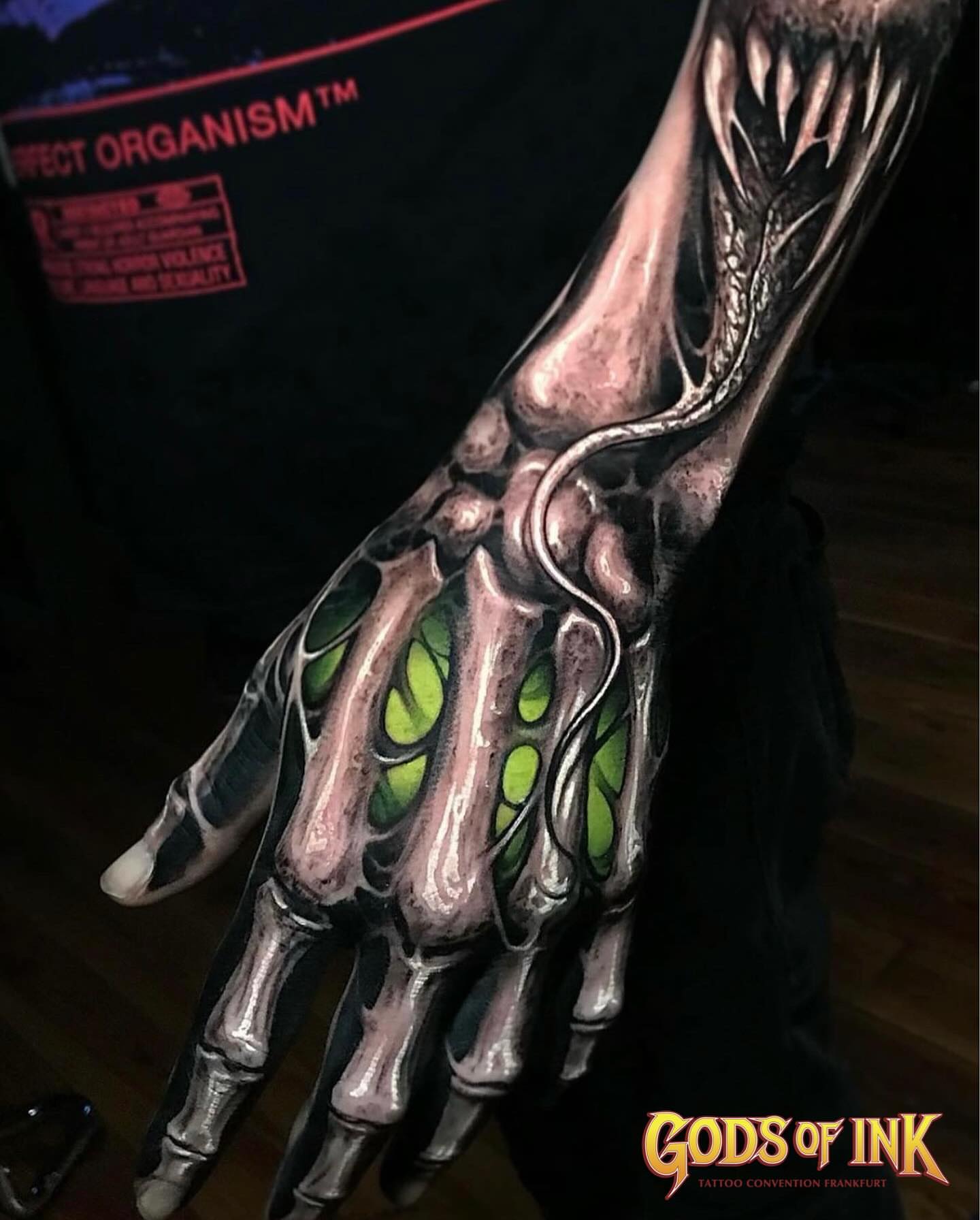 Skeleton hand realism tattoo on the hand by Brandon Herrera