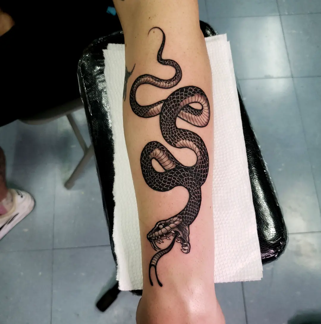 Snake black and grey tattoo on the forearm by Jake Lee