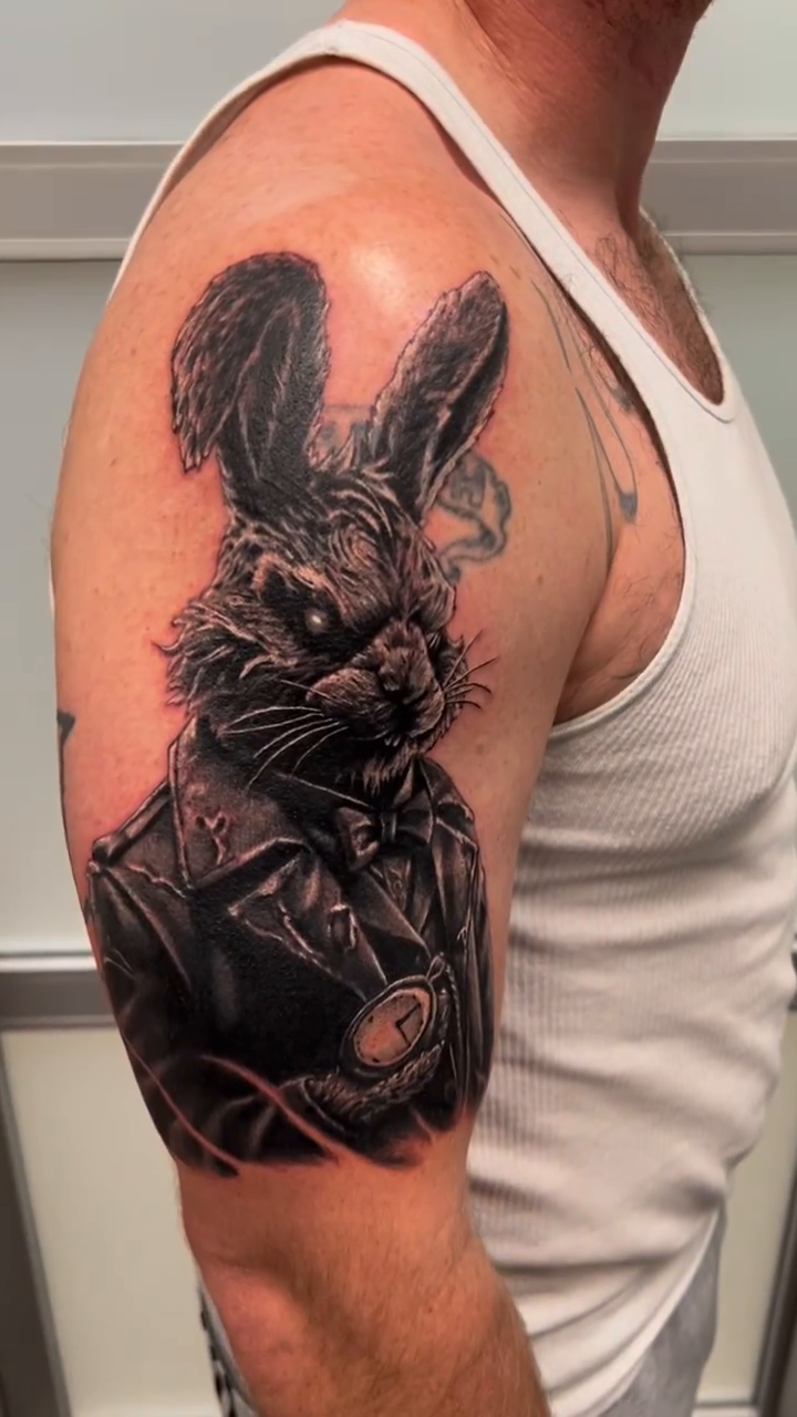 Anthropomorphic rabbit realism tattoo by Krys King Tattoos
