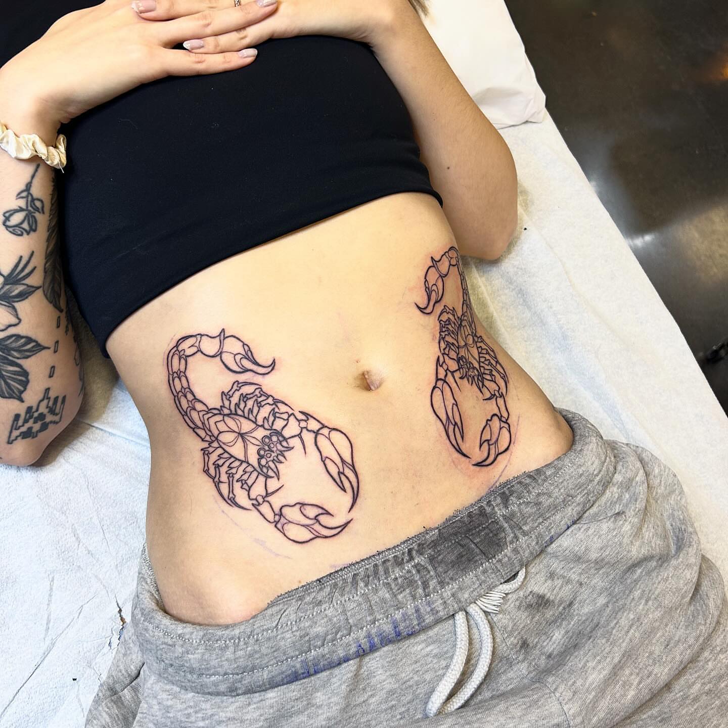 Scorpion black and grey tattoo on the torso by ♡︎ Kaylie ♡︎, Tacoma, Washington