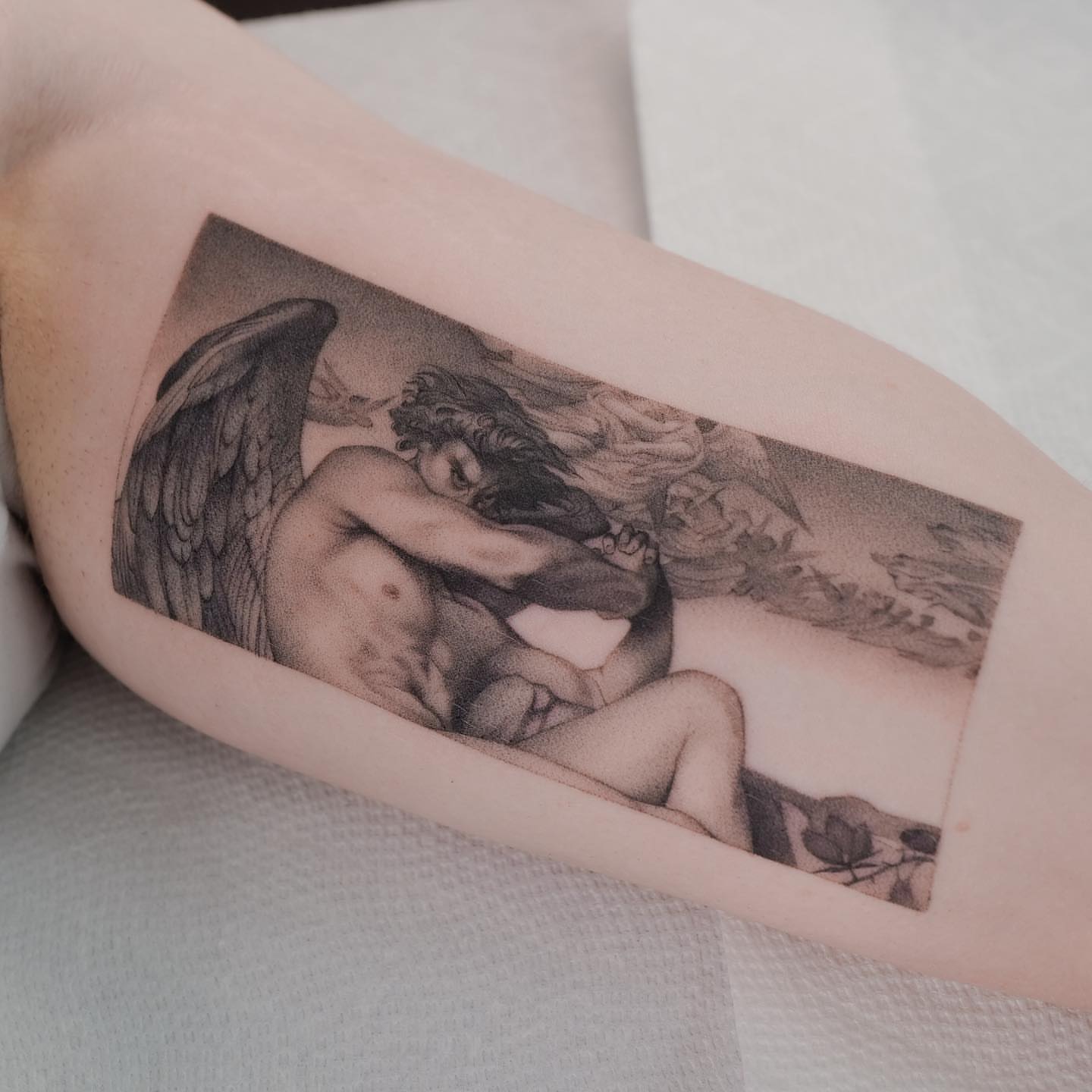 Nude angel realism tattoo on the forearm by Jason Lu ✪