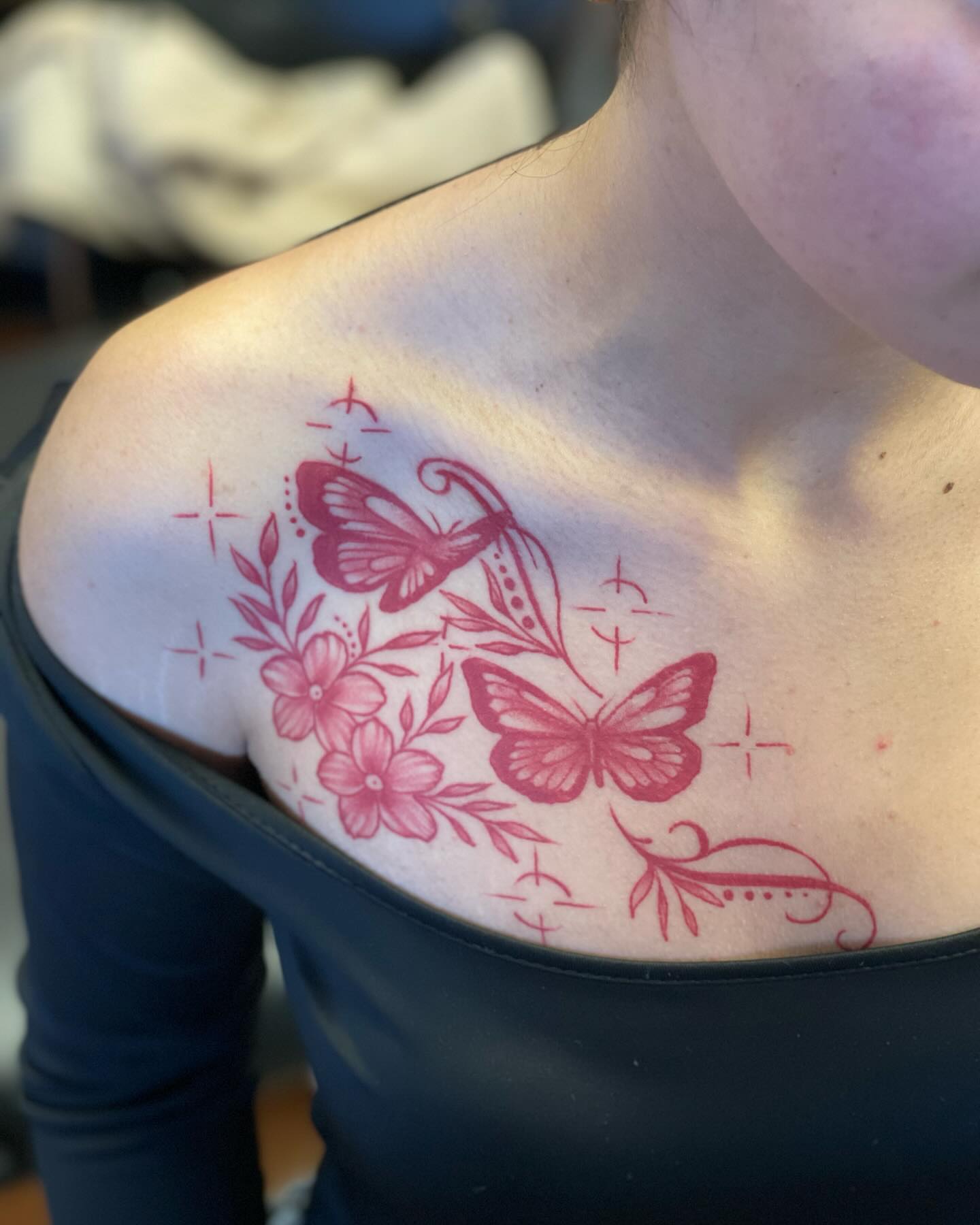 Butterflies and flowers dotwork tattoo on the shoulder by 💀good To the Grave💀