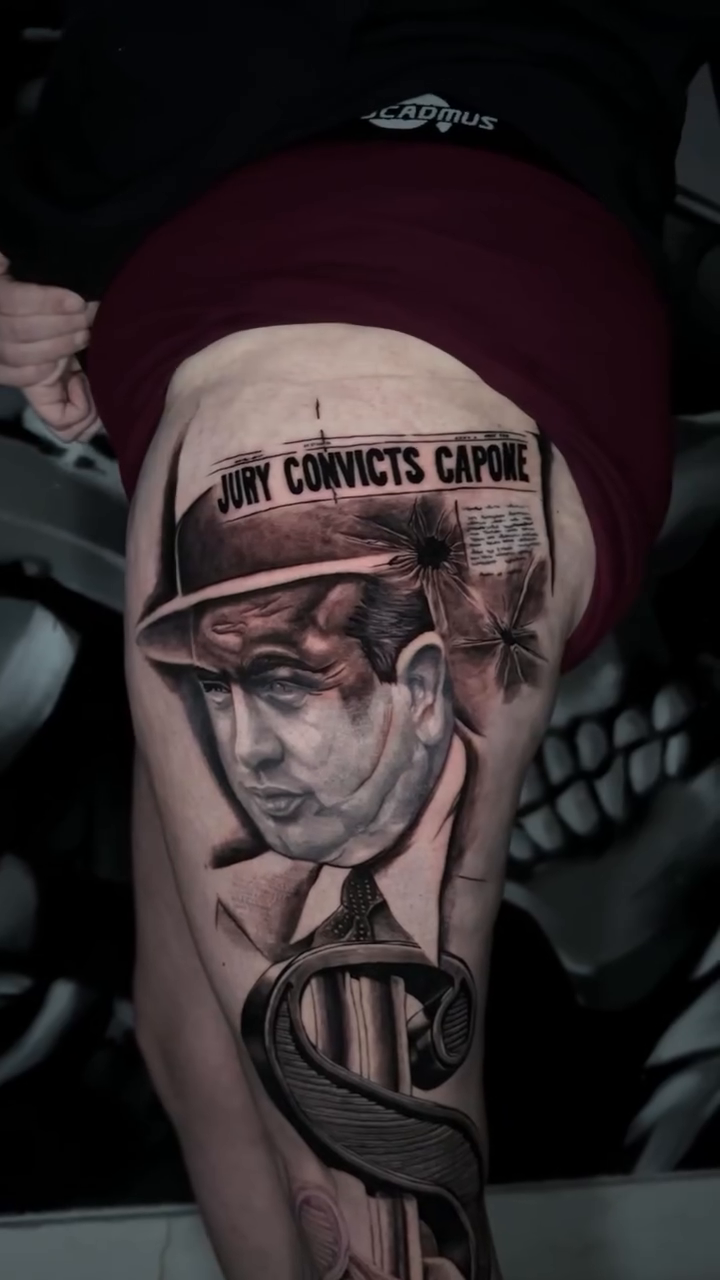 Al Capone portrait with dollar sign realism tattoo by Adrian Dominguez, Las Vegas, Nevada