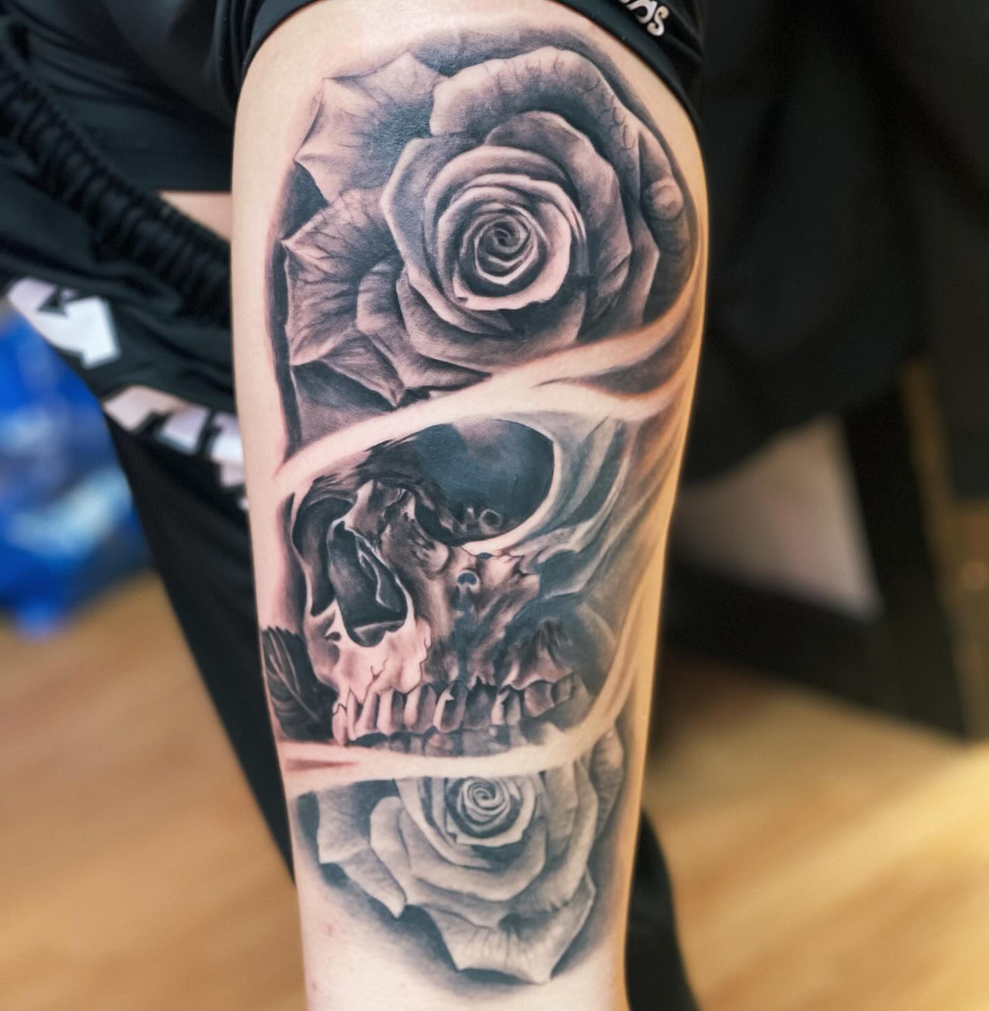 Skull and roses realism tattoo on the forearm by Yayo, New Britain, Connecticut