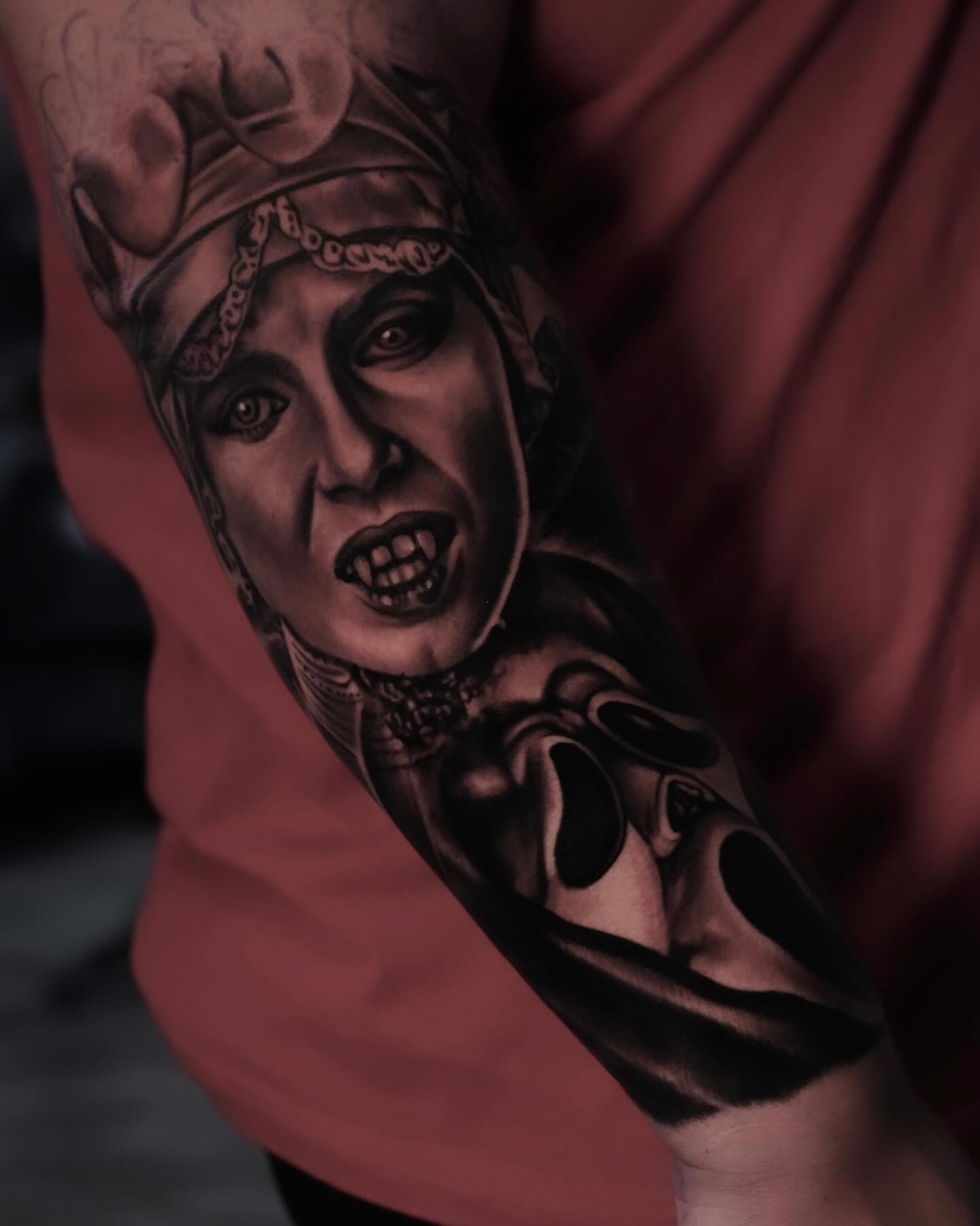 Woman's face realism tattoo on the forearm by Rey Olivares