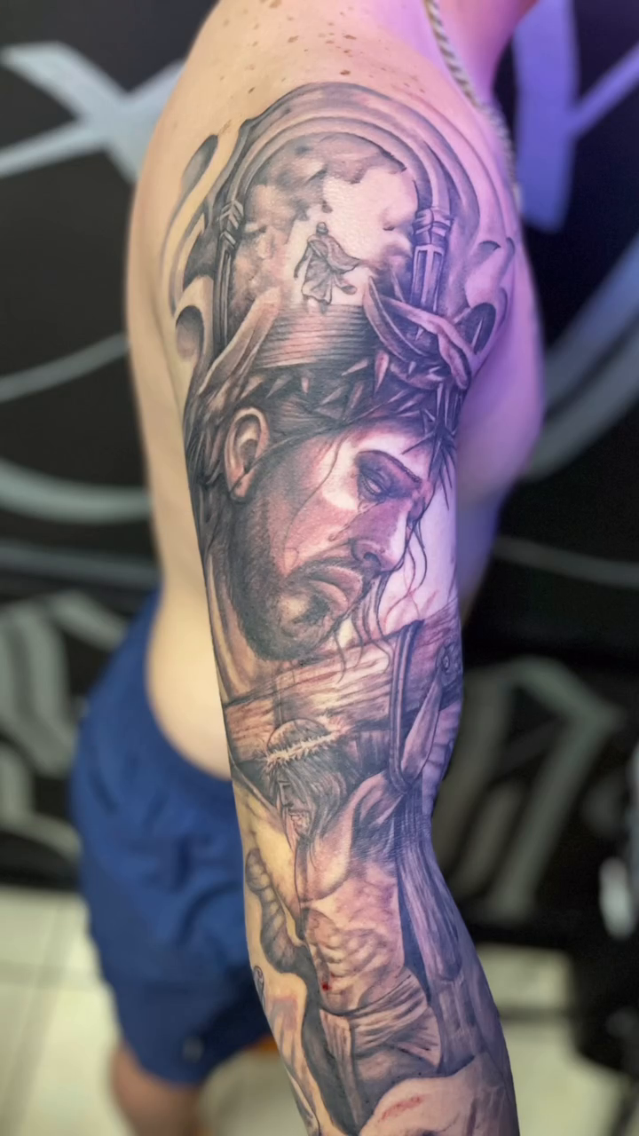 Jesus Christ and religious imagery realism tattoo by Look