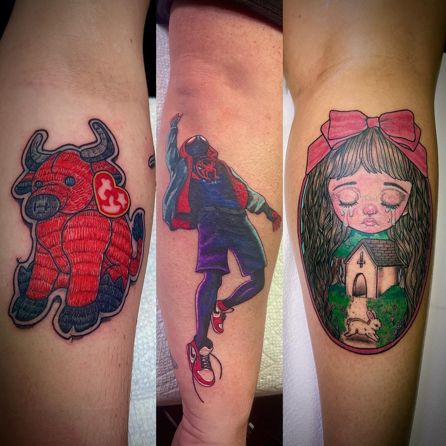 Bull, spiderman, girl dotwork tattoo on the forearm by Cj Hurtado