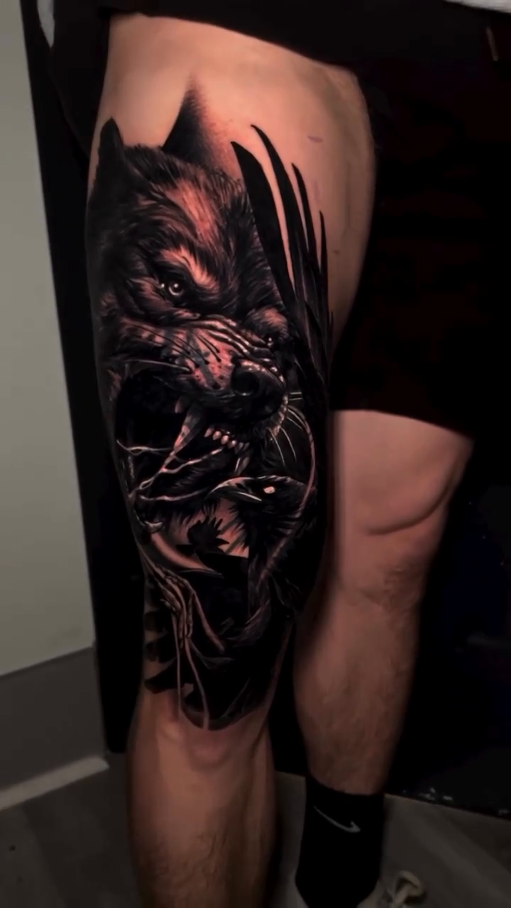 Wolf skull dark realism tattoo by Raul Ugarte, Roseville, California