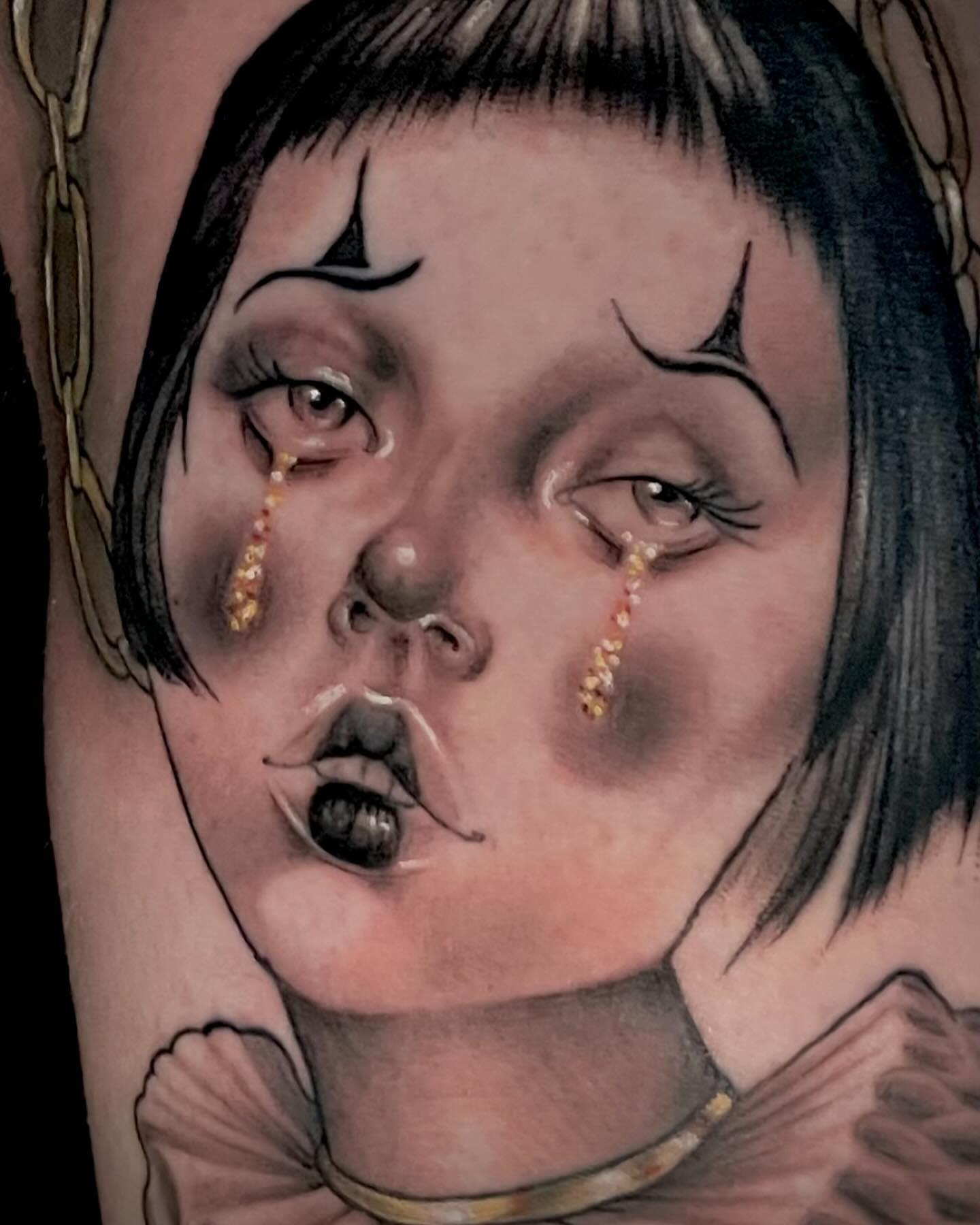 Woman's face realism tattoo on the forearm by Laura Babsie