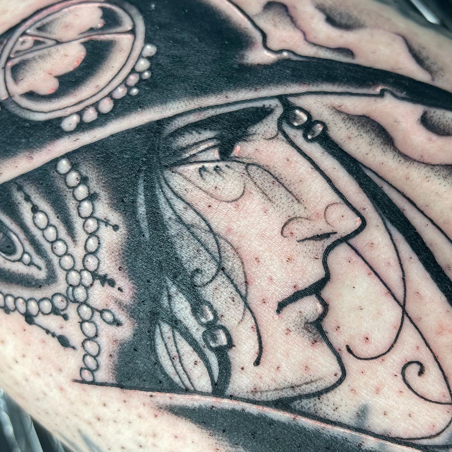 Woman's profile black and grey tattoo on the forearm by Abbey Martin, Nashville, Tennessee