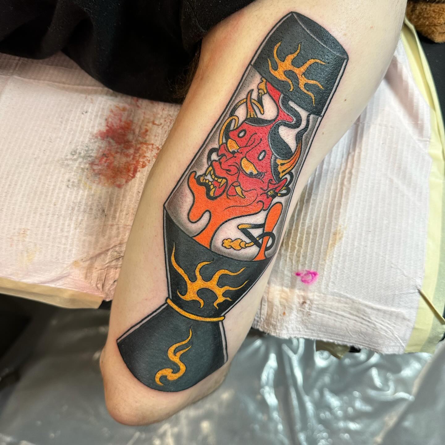 Flame and skull American traditional tattoo on the forearm by Tony Medellin 7X9X