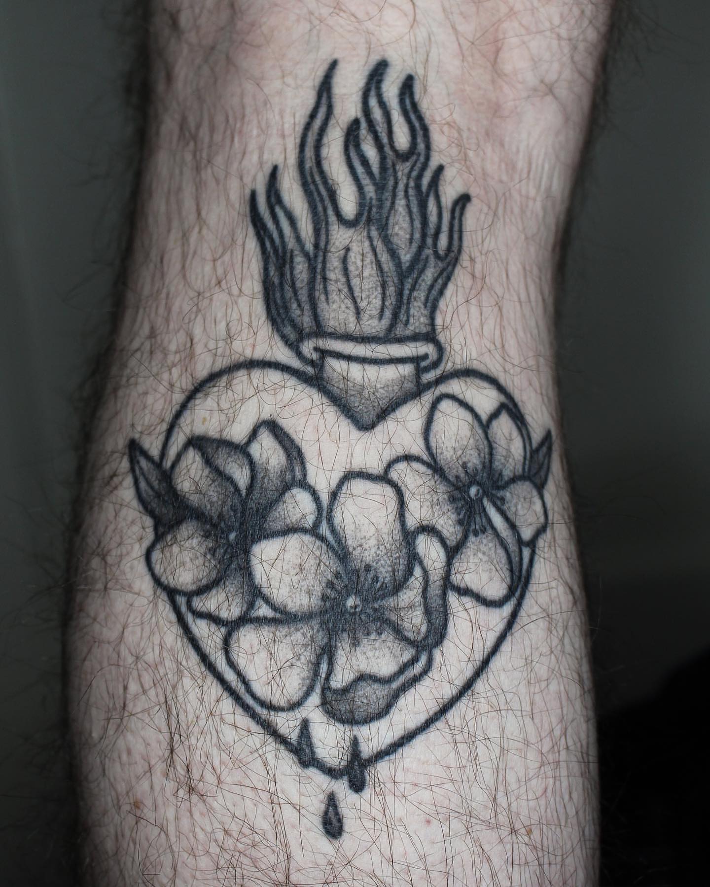 Flame and heart black and grey tattoo on the forearm by savannah ★ ( previously feralratbabe )