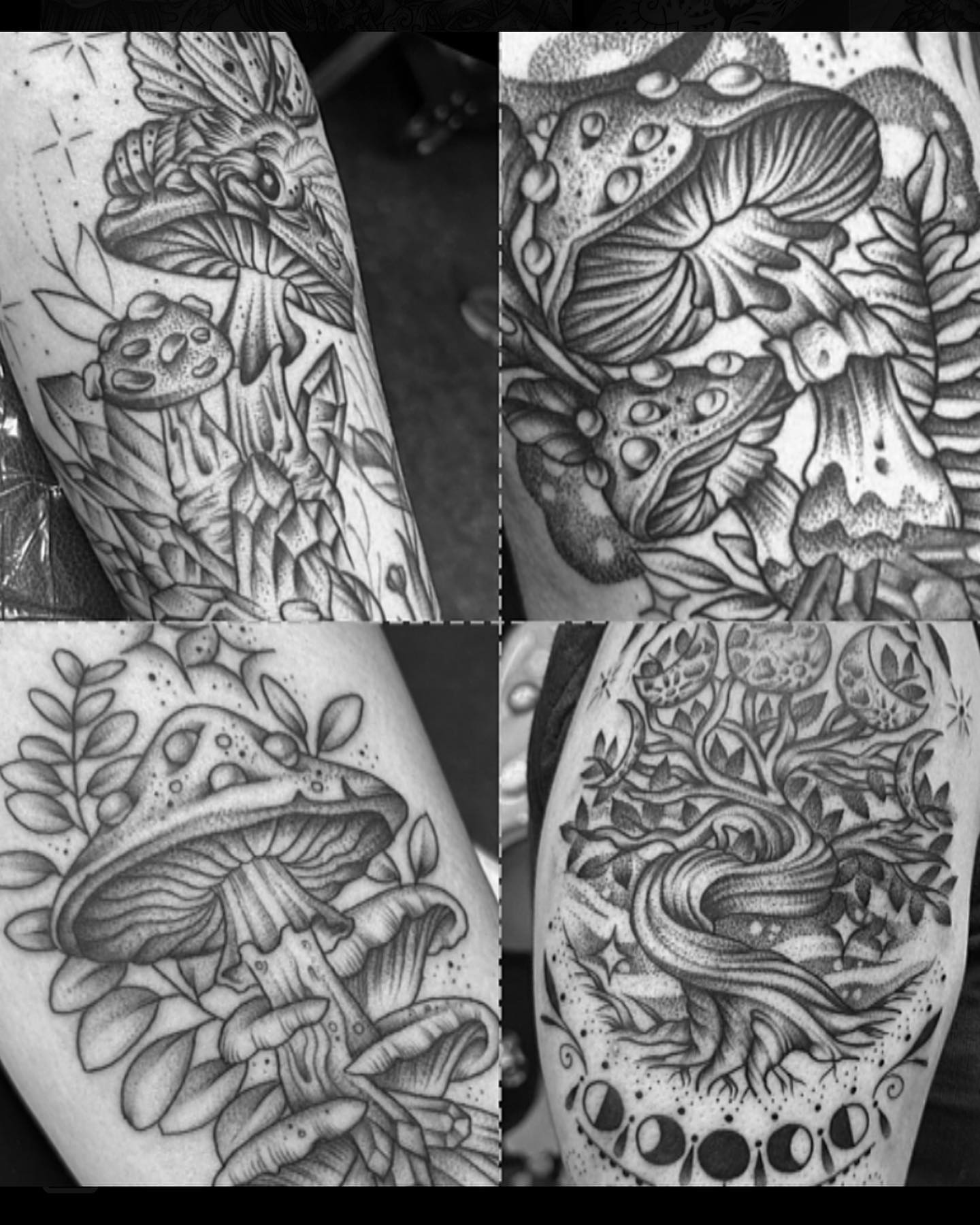 Mushroom dotwork tattoo on the upper arm by Anna Nicole Thomas