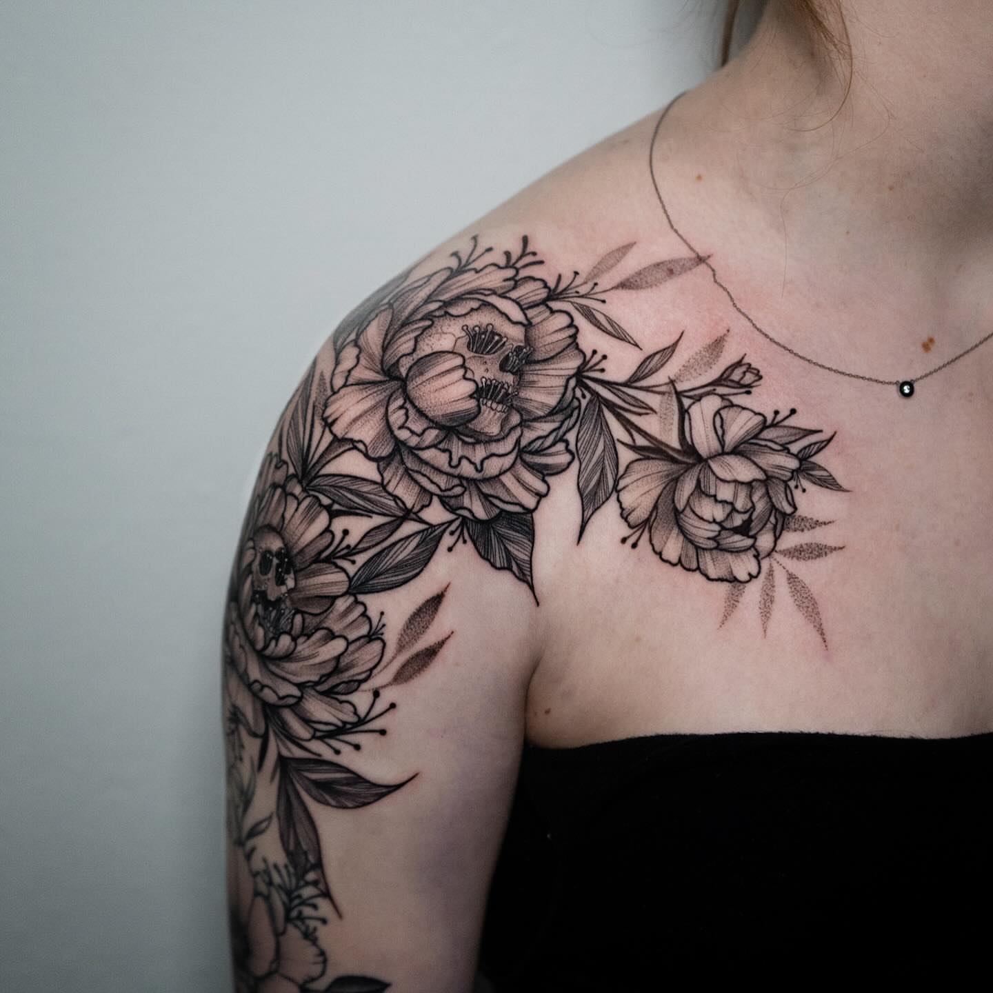 Peony flowers realism tattoo on the shoulder by all gas no brakes! no days off!