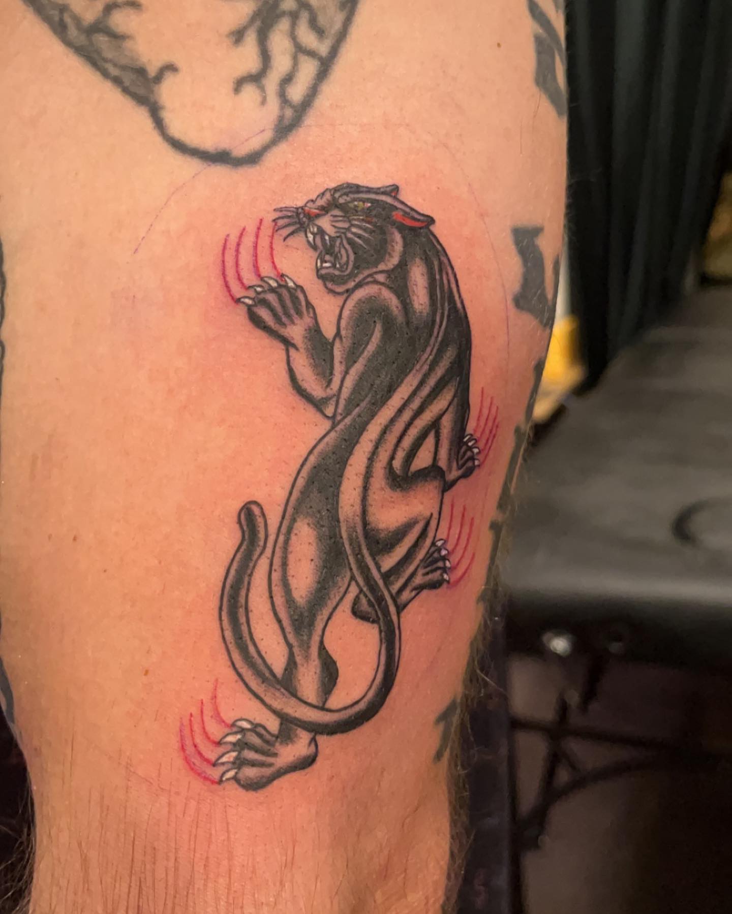 Panther American traditional tattoo on the forearm by Kenzie🖤