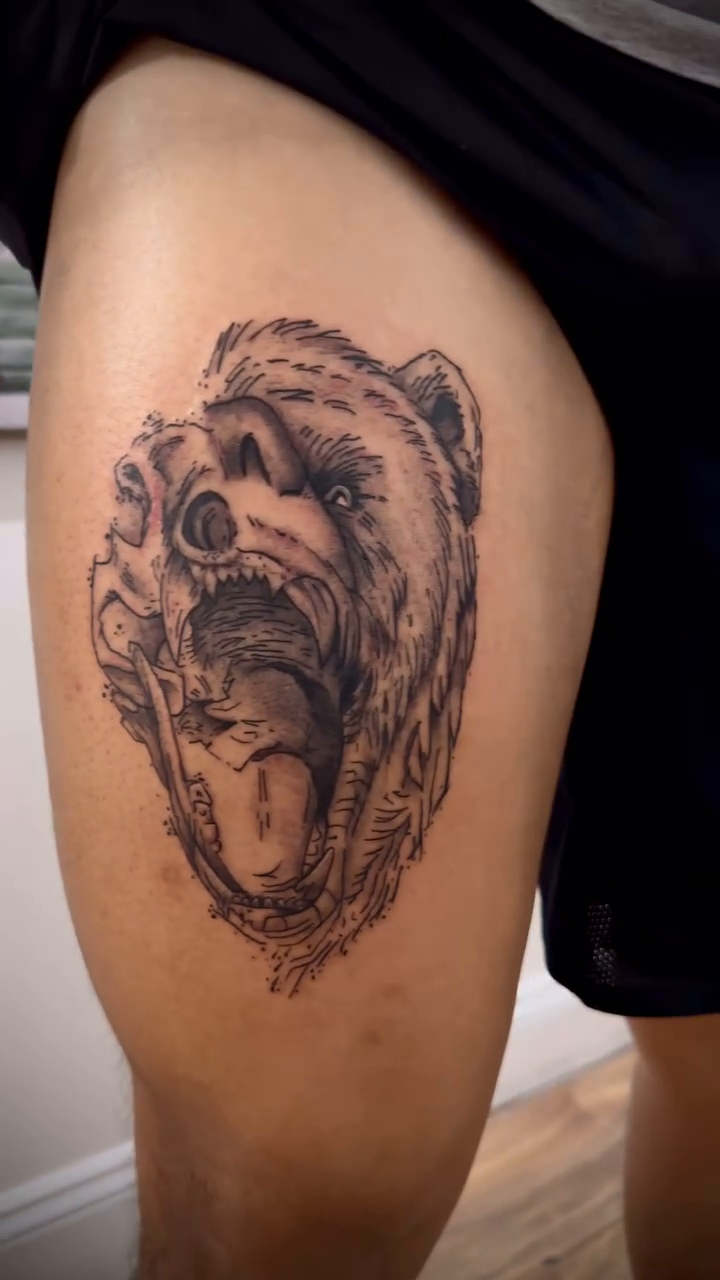 Bear head realism tattoo by Tim Faulkner