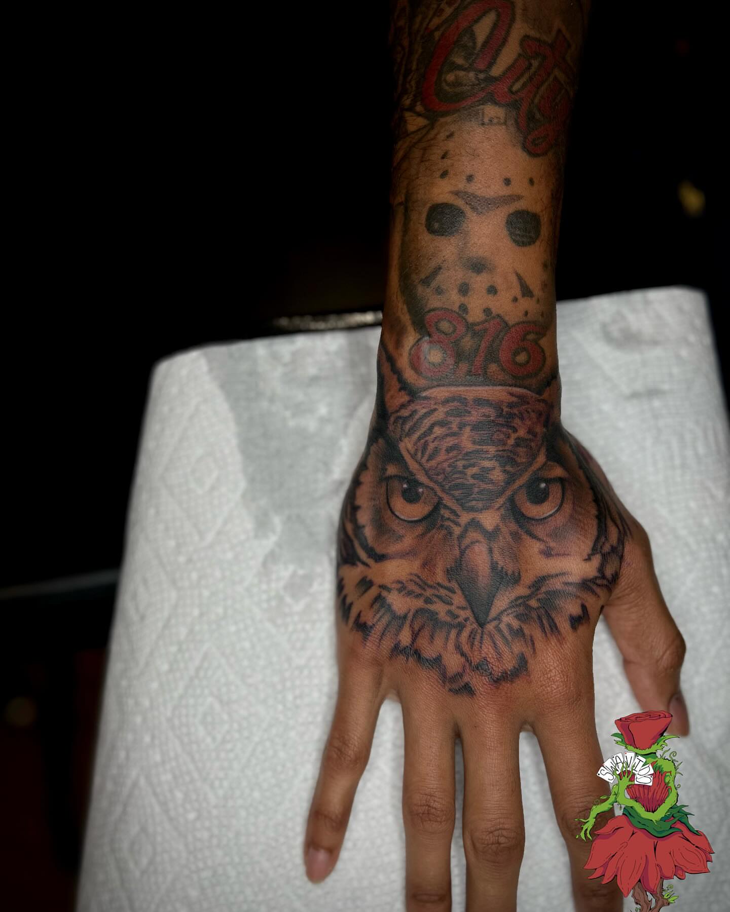 Owl realism tattoo on the hand by Marques Neal