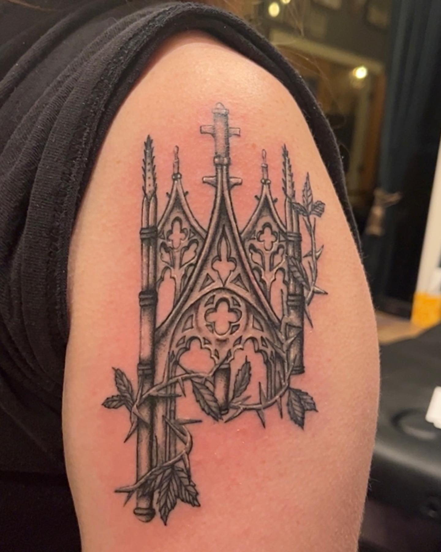 Gothic cathedral black and grey tattoo on the shoulder by Kenzie🖤